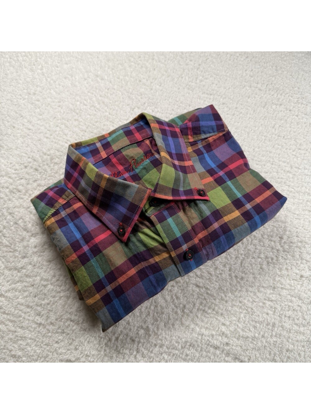 Alan Flusser Mens Large Plaid Shirt Multicolor 100% Cotton Button Down